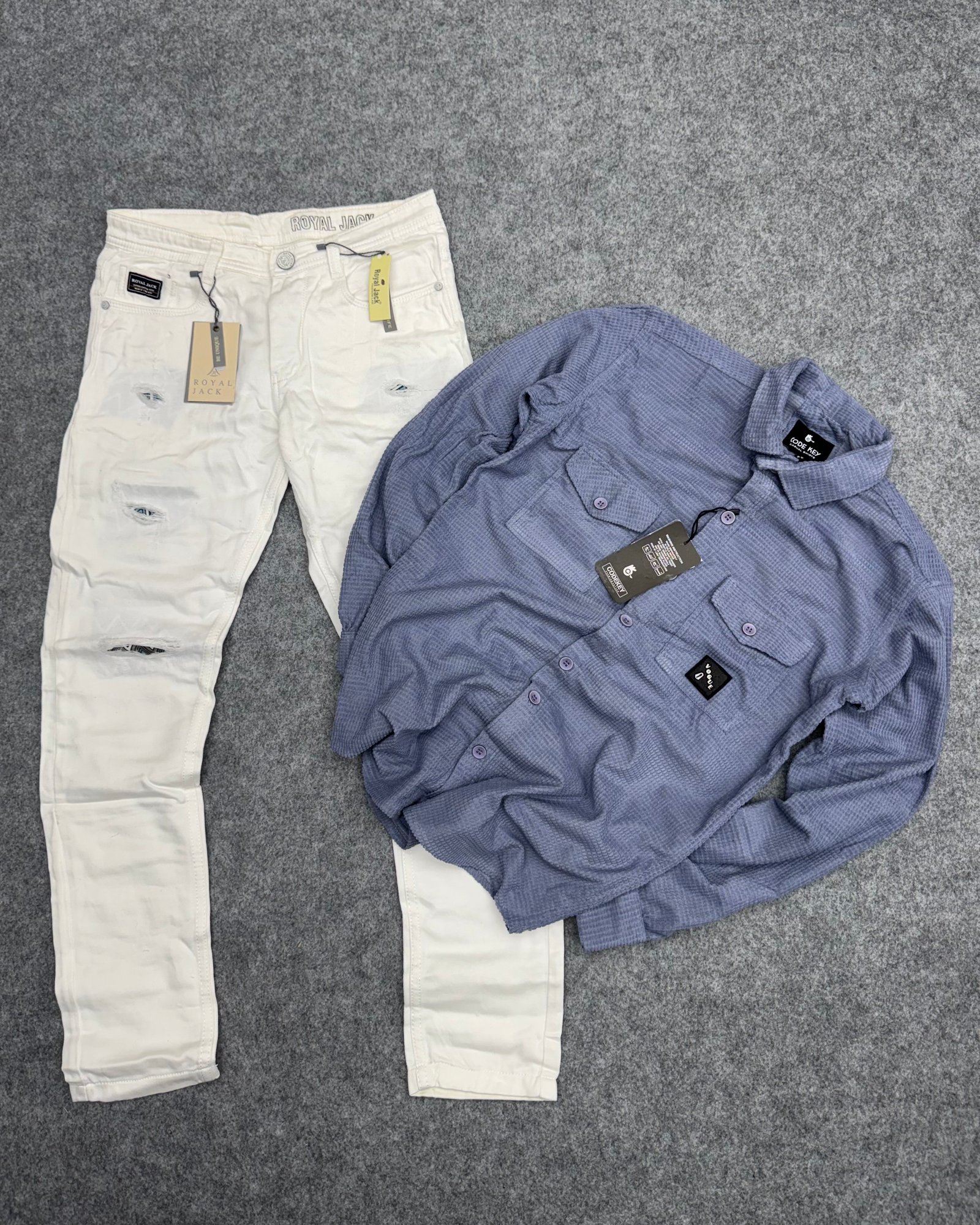 White jean ( torn ) & Courdry Shirt ( Double Pocket )